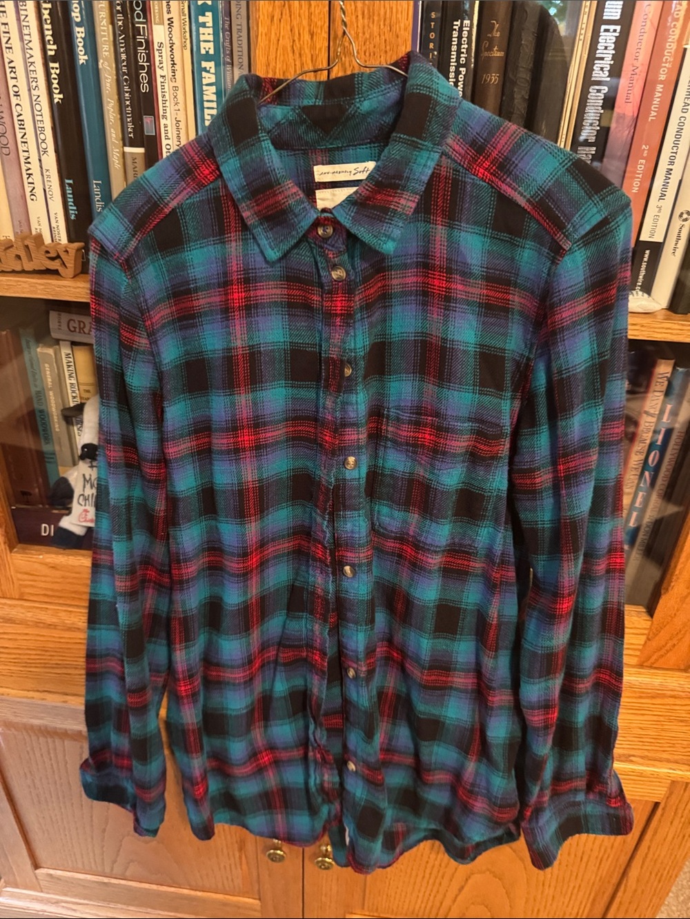 American Eagle Outfitters flannel Teal and Red Plaid Button-Down Shirt